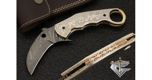 Custom Damascus Karambit Folding Knife w/ Brass Handle