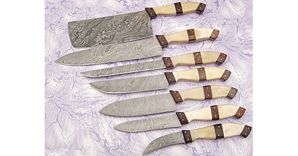 Damascus Kitchen Knife Set in Brown 7 PCs