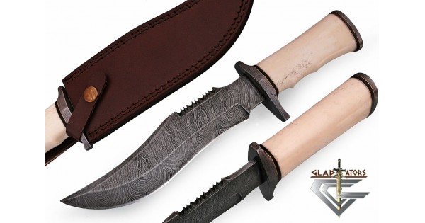 Damascus Custom Bowie Knife w/ Bone Handle