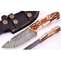 Damascus Steel Stag Handle Hunting Knife w/ Sheath- GladiatorsGuild