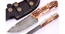 Damascus Steel Stag Handle Hunting Knife w/ Sheath- GladiatorsGuild