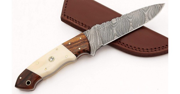 Damascus Steel Fixed Blade Bone Handle Hunting Knife with Sheath