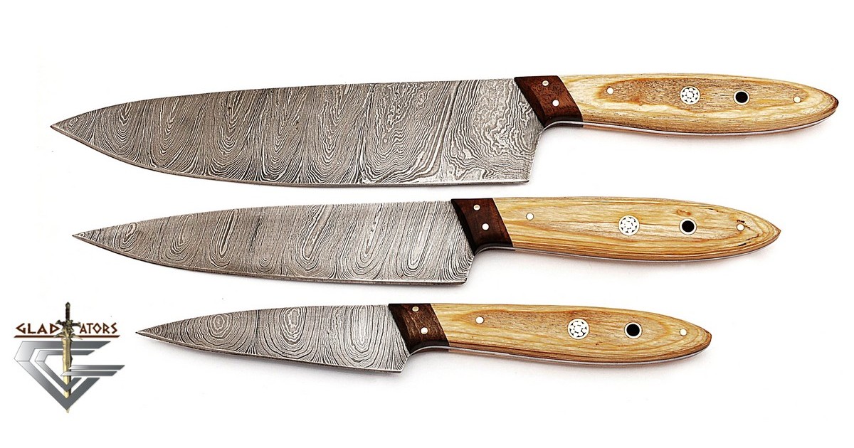 Damascus Steel Hand Forged 3 Pcs Brown Kitchen Chef Knife Set Gladiatorsguild