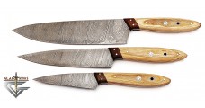Damascus Steel Hand Forged 3 PCS Brown Kitchen Chef Knife Set GladiatorsGuild