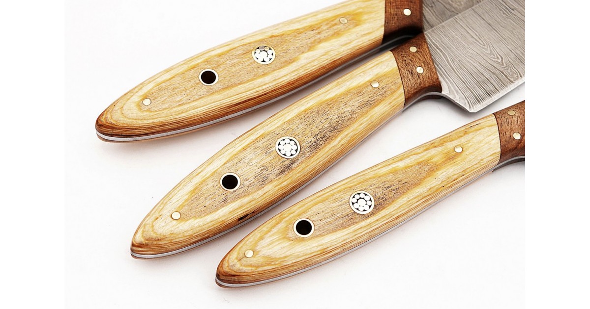 Damascus Steel Hand Forged 3 PCS Brown Kitchen Chef Knife ...
