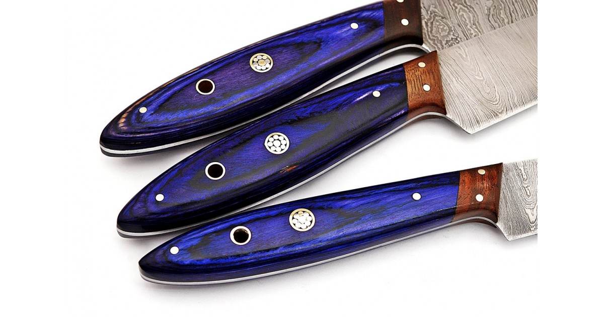 Damascus Steel Hand Forged 3 pcs Purple Kitchen Chef knife Set  GladiatorsGuild