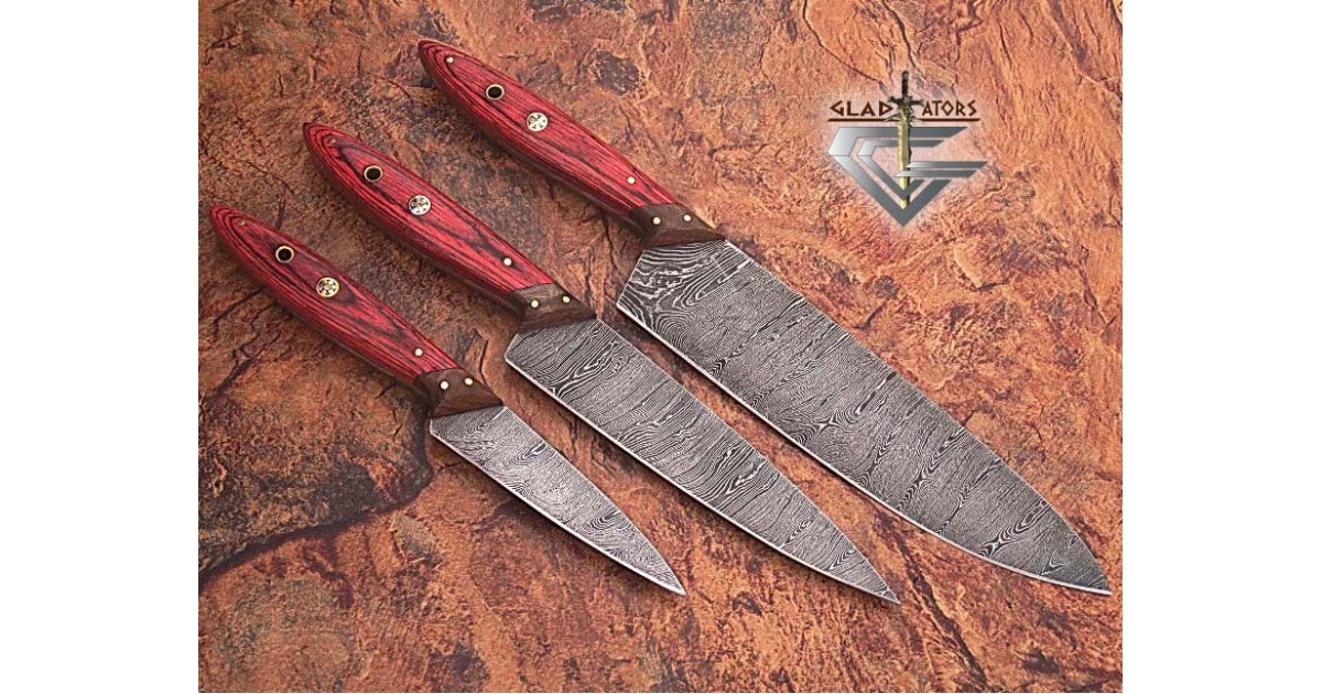 Red Handle Kitchen Knives Set Damascus Steel Chef Knife Set
