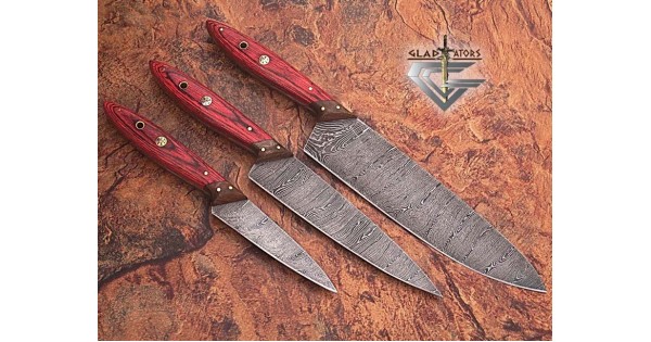 Handmade Damascus Steel kitchen Knives Set - Gladiatiators Guild - Wood Handle