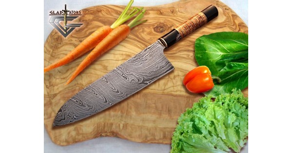 Damascus Chef Knife w/ Wood Handle & Brass Spacer