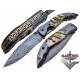 Damascus Folding Hunting Knife by Gladiators (Custom-Handmade) Ram Horn Handle