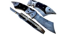 Damascus Folding Pocket Knife with Sheath w/ Buffalo Horn